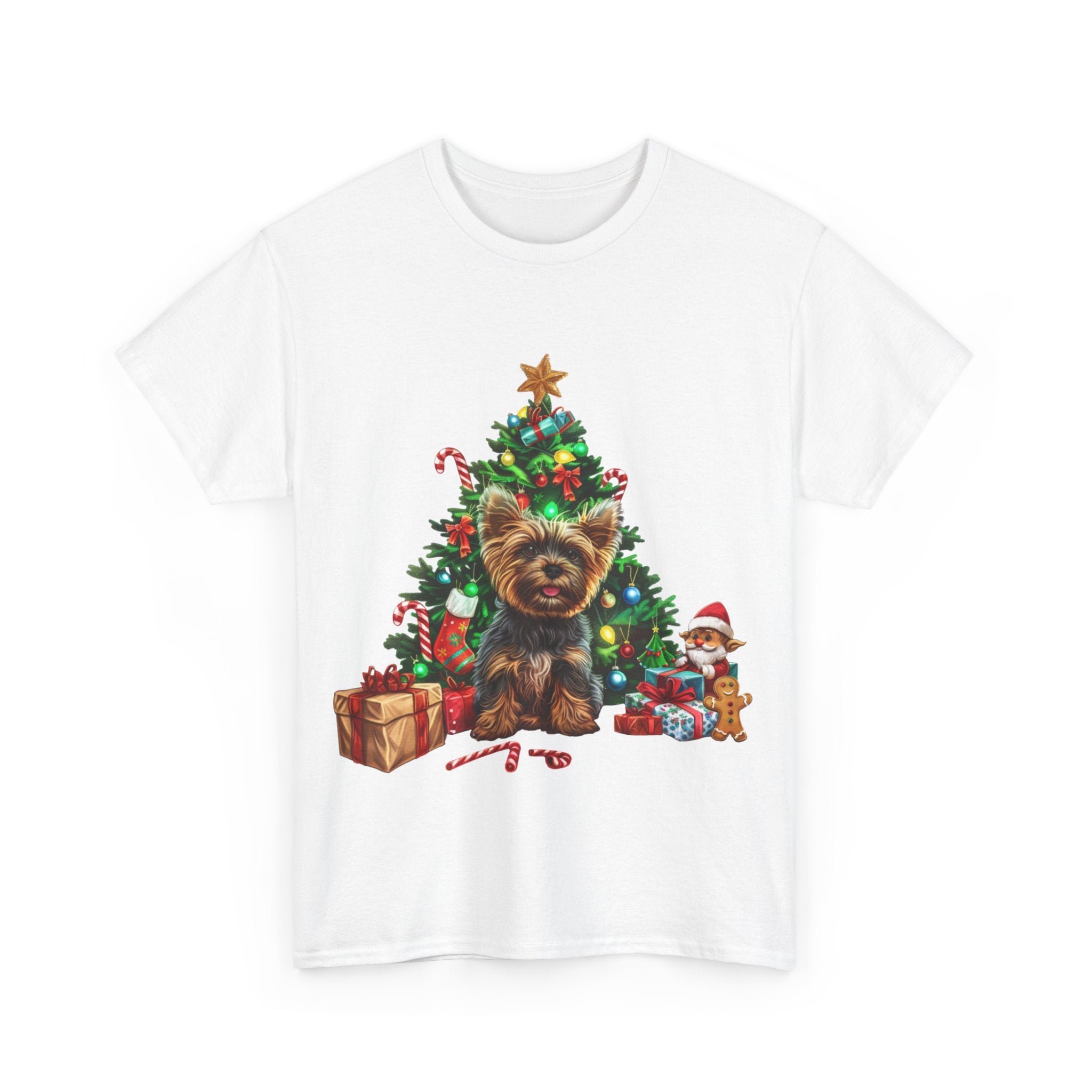 Printify T-Shirt Yorkshire Terrier with Christmas Tree and Gifts – Festive Holiday Dog Art