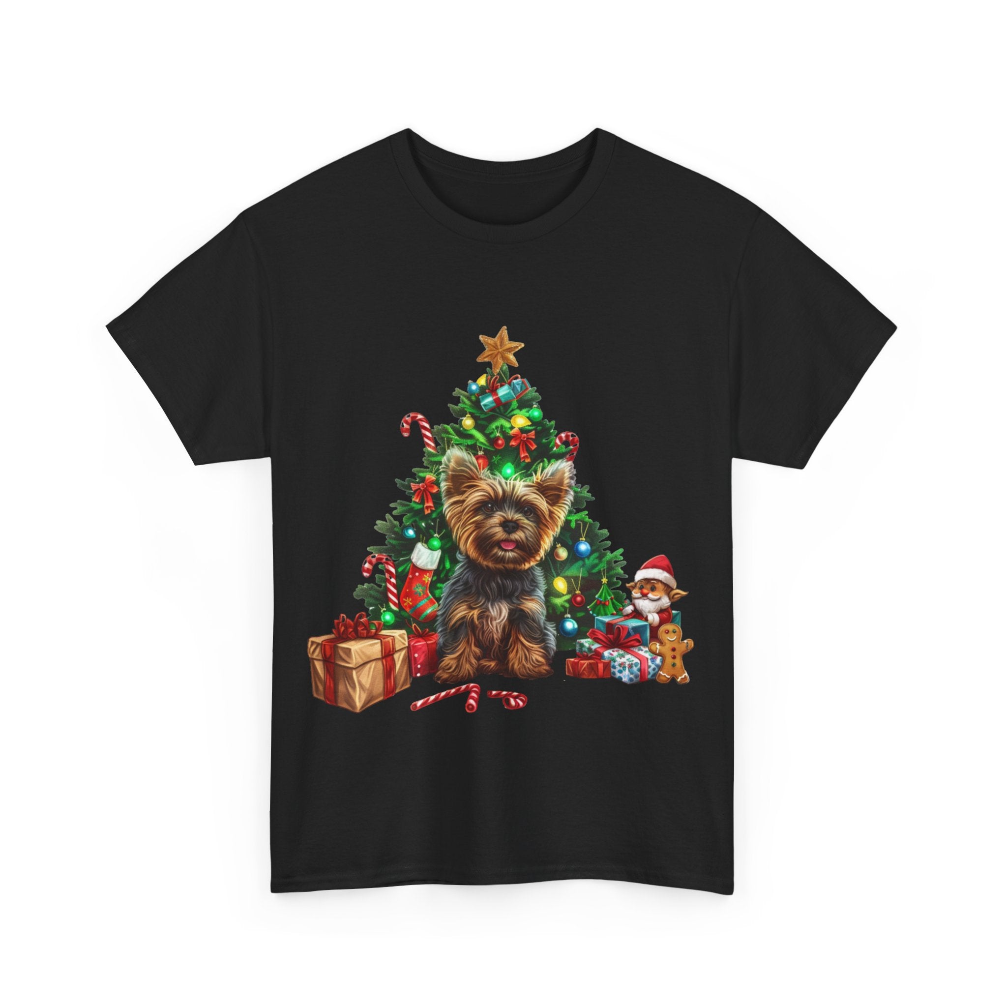 Printify T-Shirt Yorkshire Terrier with Christmas Tree and Gifts – Festive Holiday Dog Art